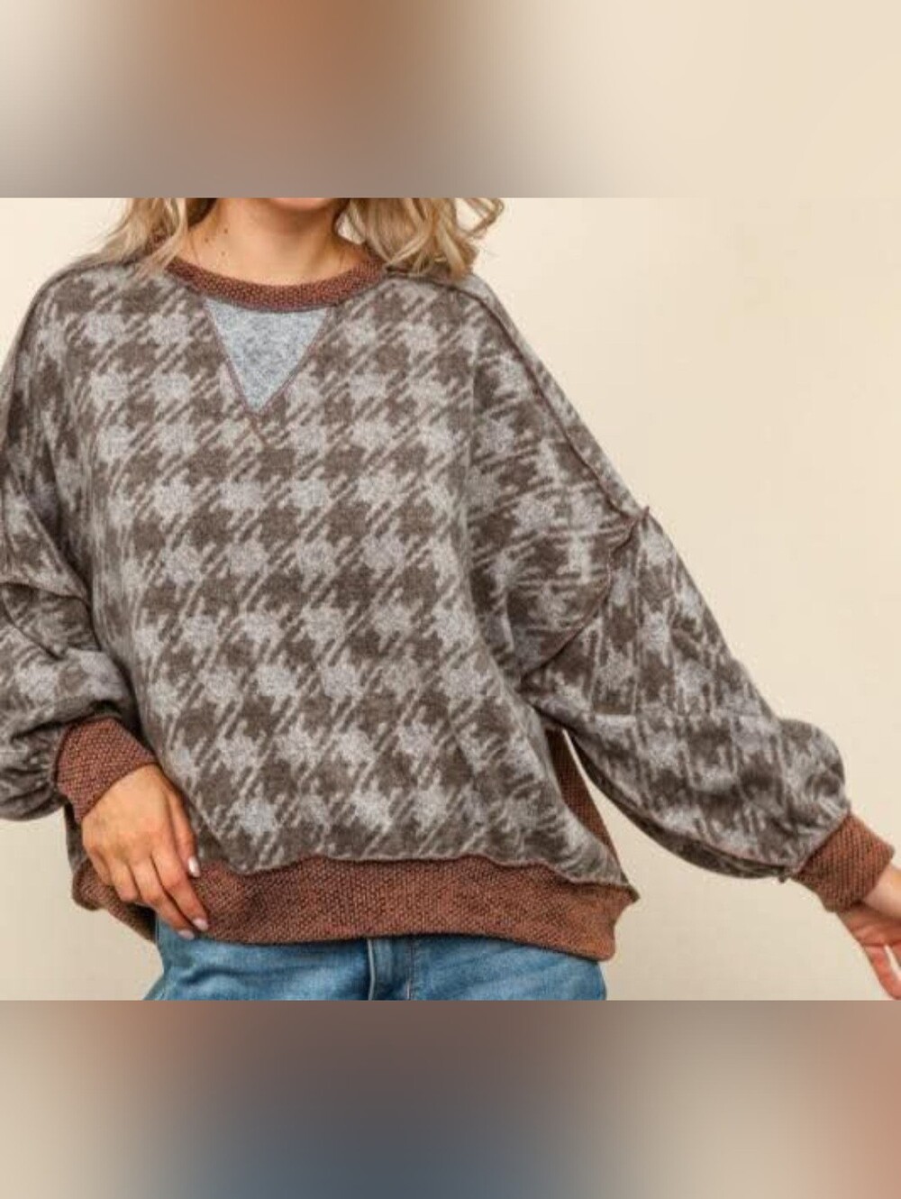 Haptics Small Brown & Gray Houndstooth Oversized Knit Pullover NWT